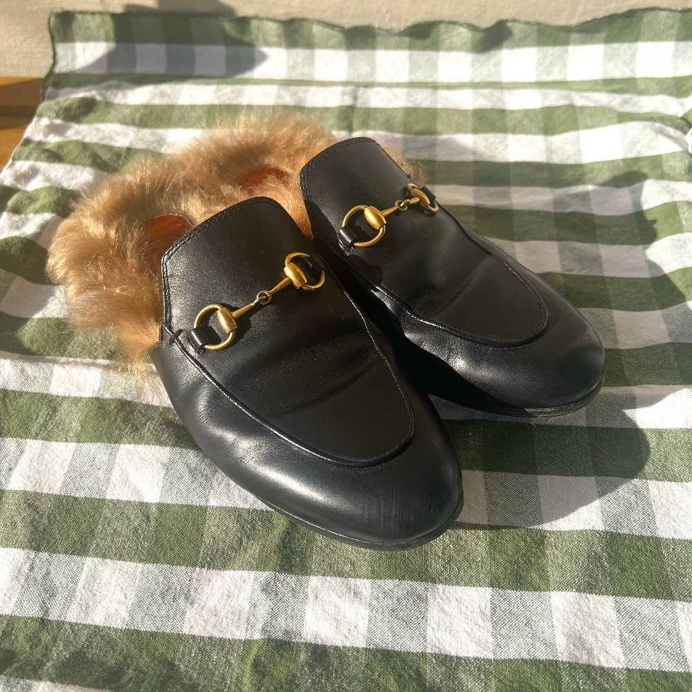 Gucci Princetown Horsebit Fur Mules Women's | Black Leather Size 6.5US 36.5EU